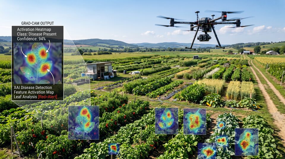 Ortofotomosaico con heatmap Grad-CAM che evidenzia le zone di malattia rilevate dal drone