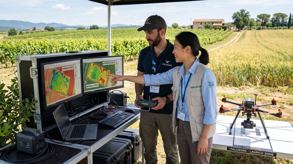 Ricercatori confrontano mappe di stress azotato e indice di biomassa su doppio monitor in campagna