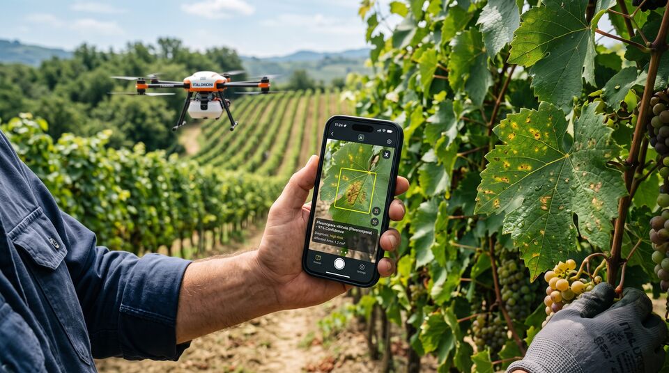 Diagnosi da smartphone di peronospora su vite con drone ITALDRONI in background nel vigneto