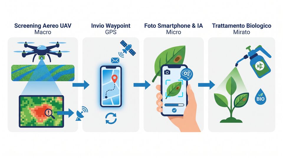 Dal screening aereo UAV all'invio del waypoint GPS fino alla foto da smartphone e al trattamento bio