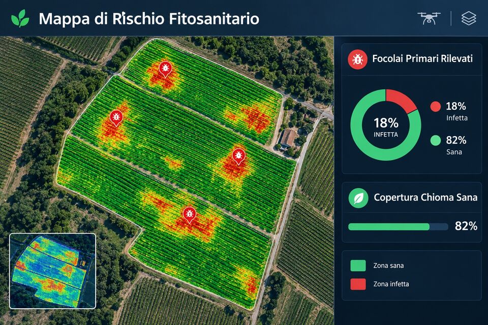 Dashboard della mappa di rischio fitosanitario con focolai primari e 18% di chioma infetta