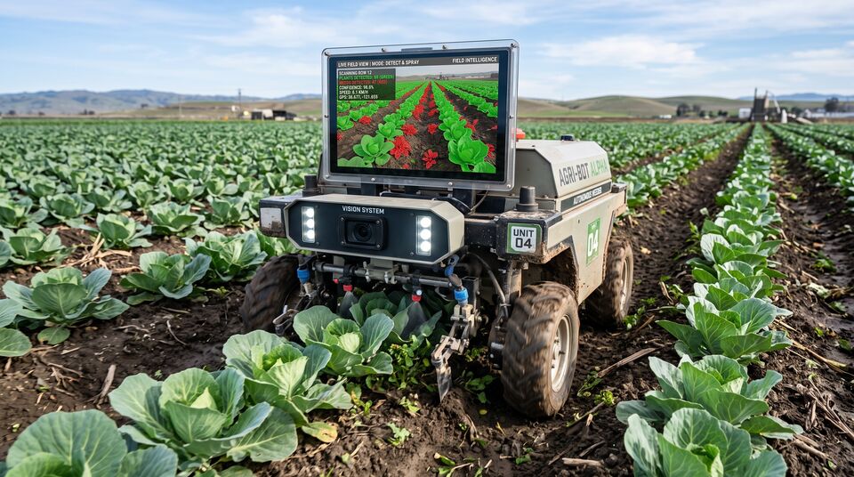 Robot di sarchiatura autonomo con visione artificiale che rileva e tratta le infestanti in fila