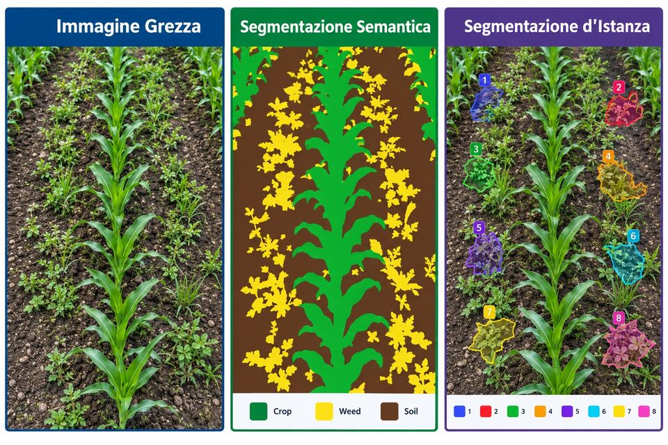Confronto tra immagine grezza, segmentazione semantica e segmentazione d'istanza su mais