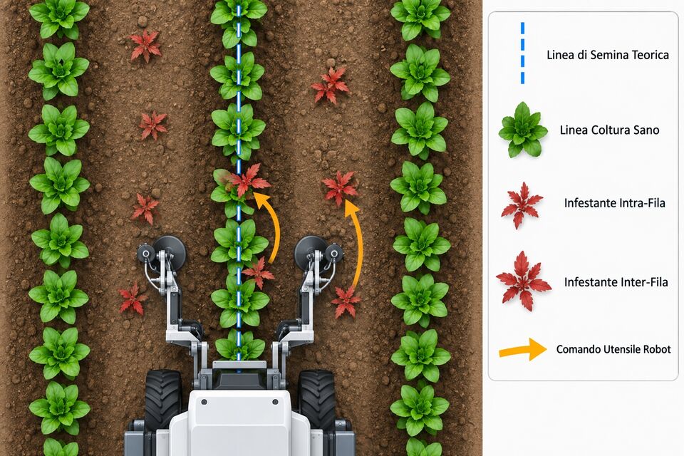 Robot di sarchiatura con linea di semina teorica e infestanti intra-fila e inter-fila evidenziate