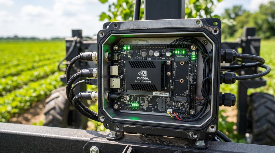 Modulo NVIDIA Jetson Orin Nano in custodia sigillata montato su macchina agricola per edge AI