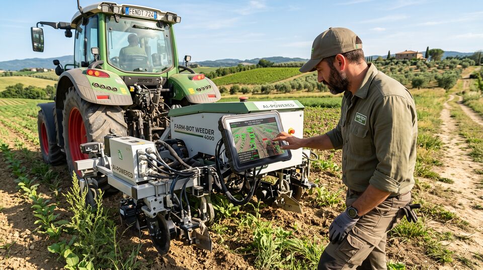 Modulo di sarchiatura con AI agganciato a trattore Fendt e monitor di supervisione in campo