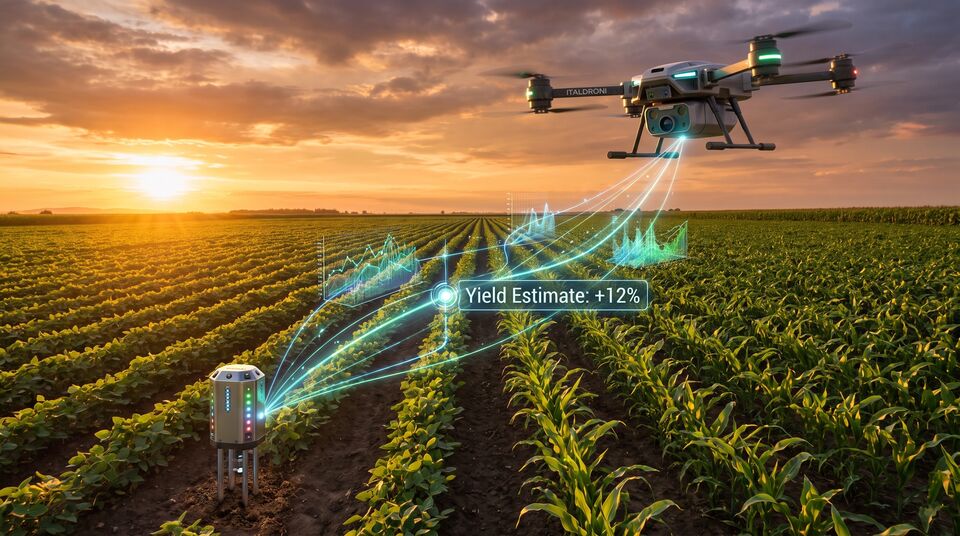 Drone e sensore IoT al suolo integrano dati multispettrali con stima di resa +12% al tramonto