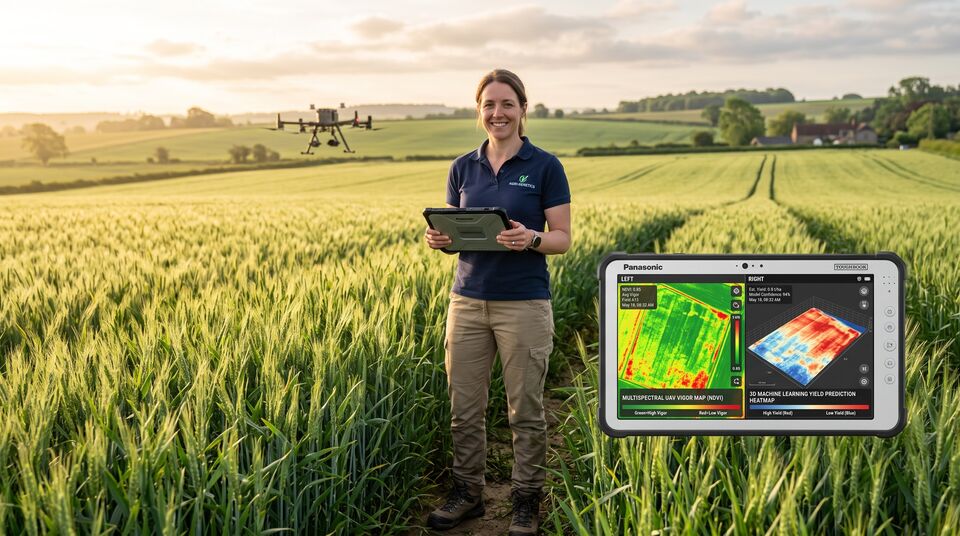 Tecnica con Toughbook mostra mappa di vigore NDVI e heatmap 3D di previsione della resa