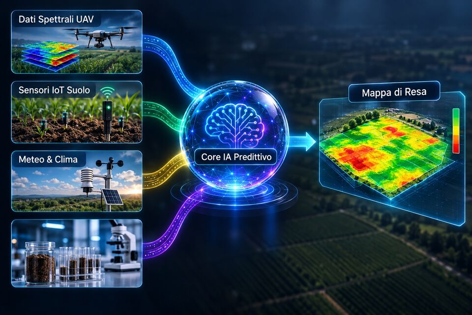 Fusione di dati spettrali UAV, sensori IoT del suolo e meteo nel core IA predittivo