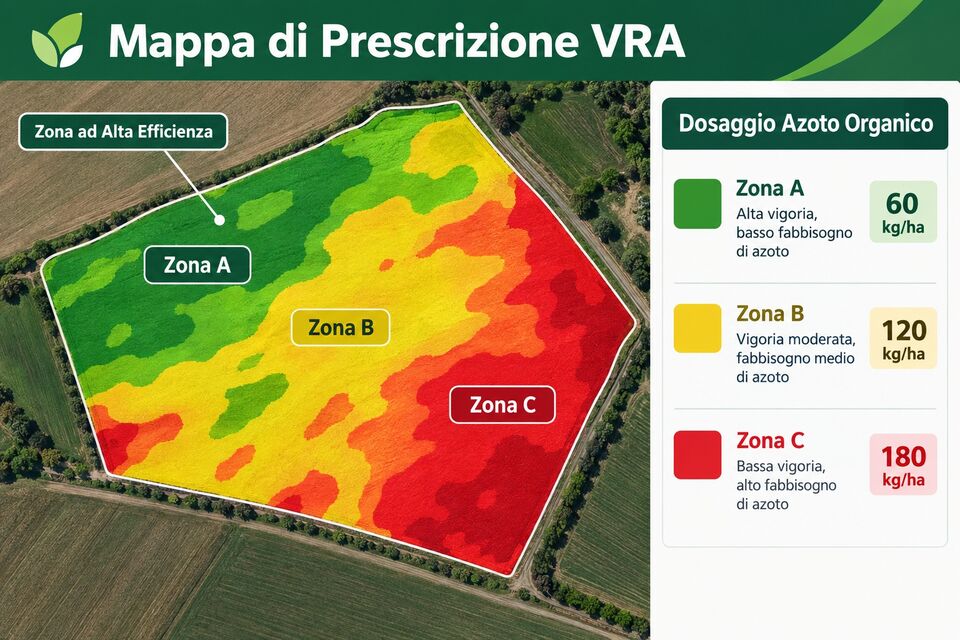 Mappa di prescrizione VRA con dosaggio di azoto organico a zone: 60, 120 e 180 kg/ha
