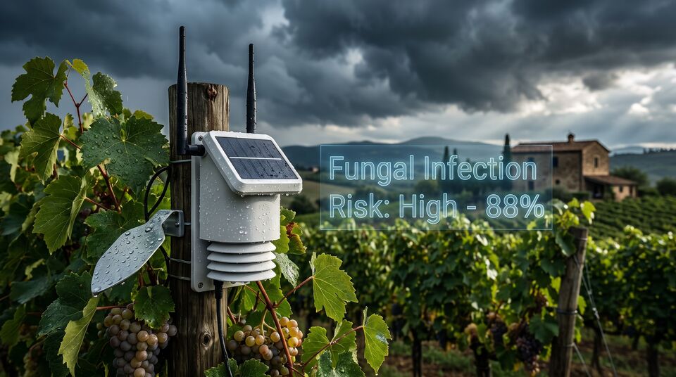 Stazione meteorologica IoT nel vigneto sotto cielo di tempesta con rischio infezione fungina alto