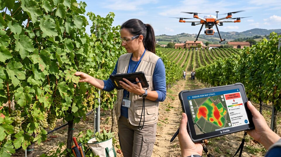 Mappa del rischio malattia su tablet con modello predittivo e drone ITALDRONI in volo sul vigneto