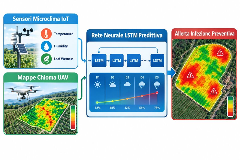 Sensori microclima IoT e mappe chioma UAV alimentano una rete LSTM predittiva per l'allerta