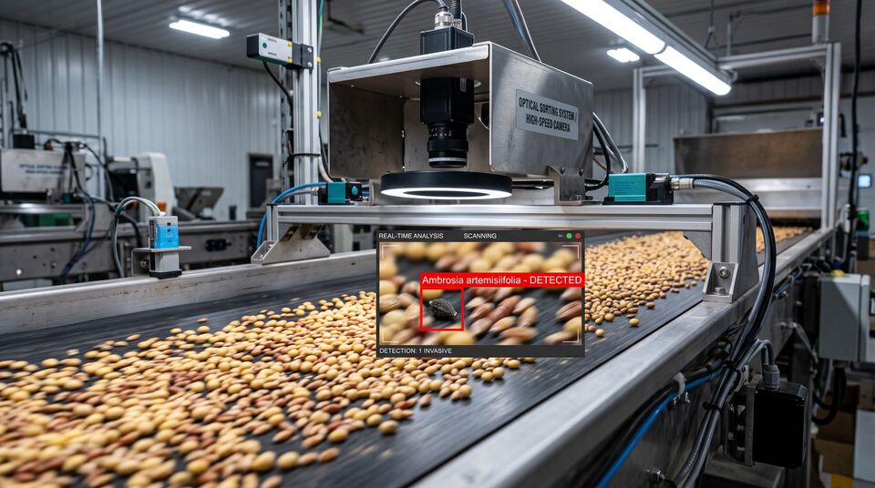 Selezione ottica dei semi su nastro con rilevamento di Ambrosia artemisiifolia nella partita