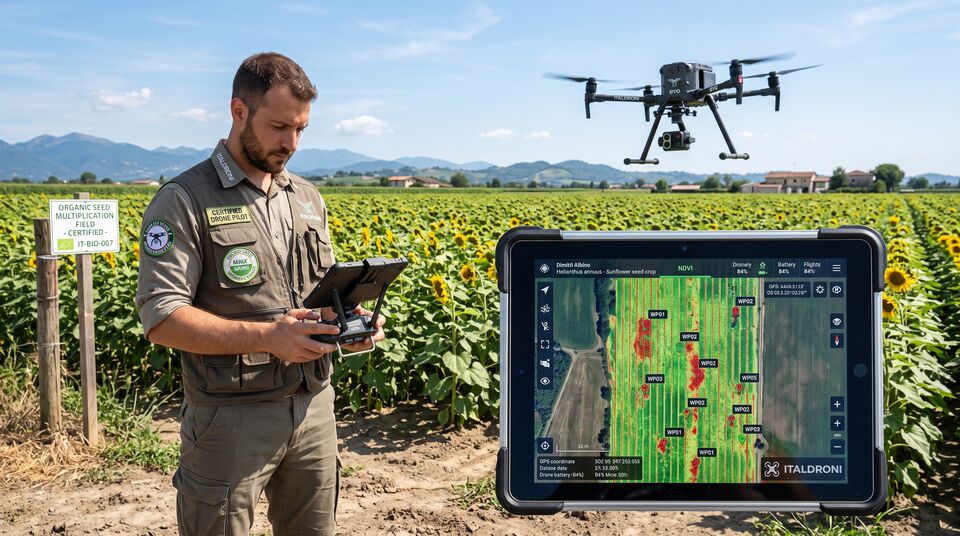Pilota con drone su campo di girasole certificato IT-BIO-007 e mappa NDVI con waypoint