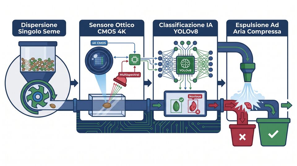 Linea di selezione semi: dispersione a seme singolo, sensore CMOS 4K, classificazione IA YOLOv8