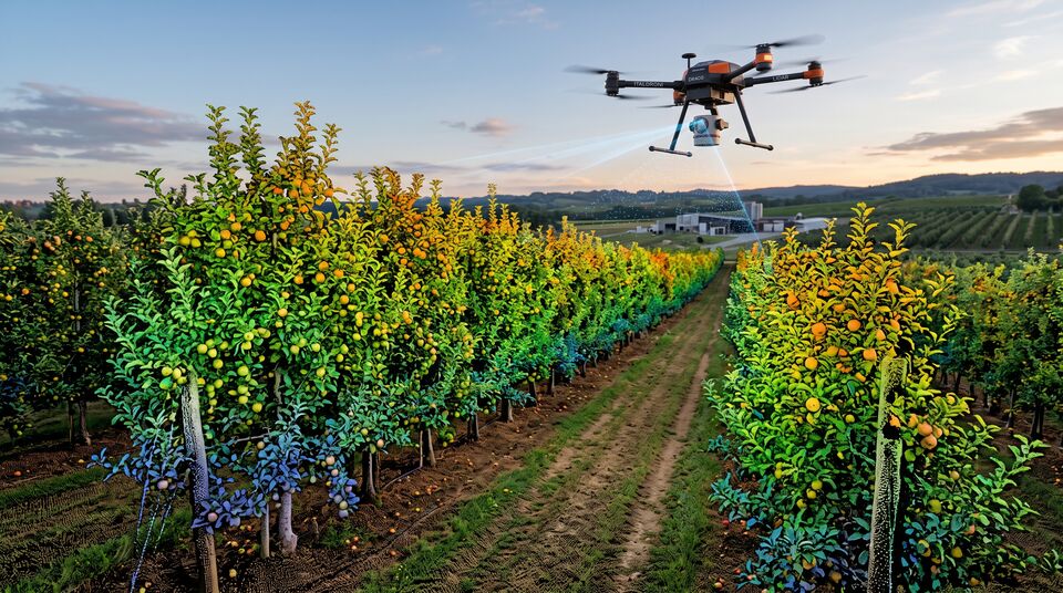 Drone LiDAR ITALDRONI scansiona il frutteto con nuvola di punti colorata per il volume della chioma