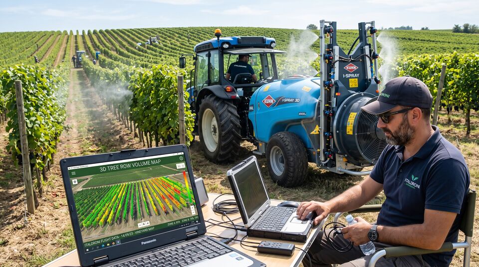 Atomizzatore KUHN i-Spray in vigneto con mappa 3D del volume dei filari su laptop