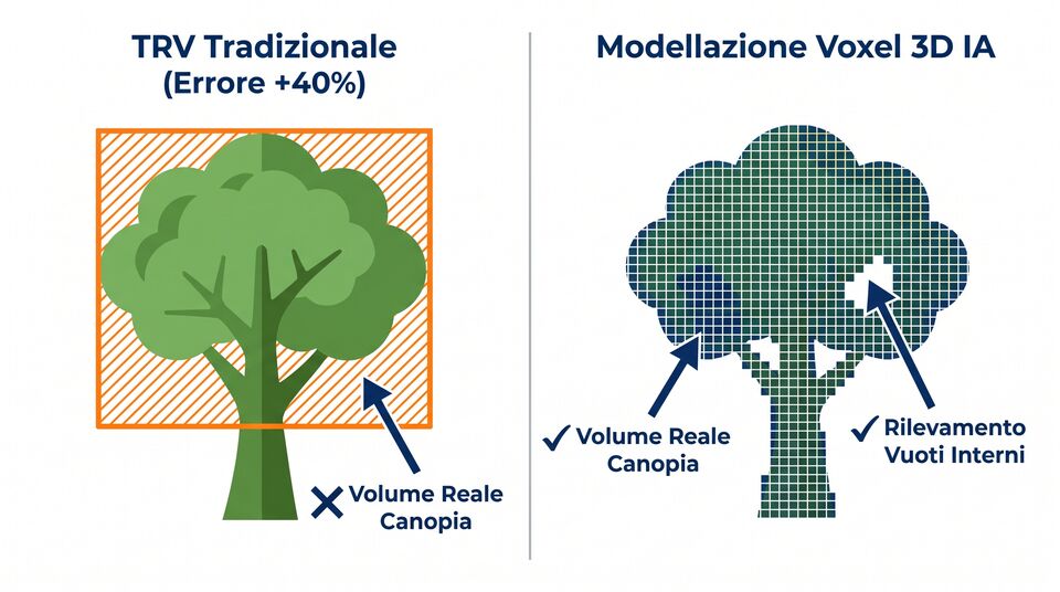 Confronto tra TRV tradizionale con errore +40% e modellazione voxel 3D con rilevamento vuoti