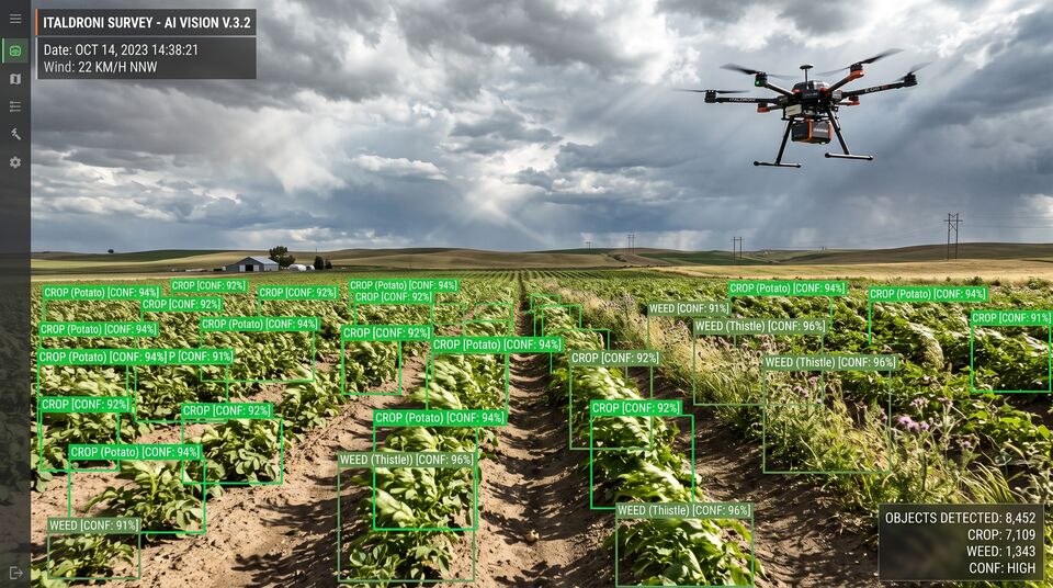 Drone ITALDRONI su patate con cielo temporalesco e detection di coltura e infestanti in tempo reale