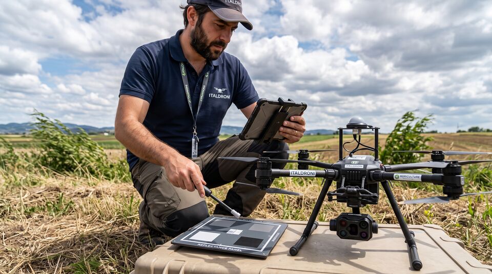 Pilota calibra il pannello di riflettanza accanto al drone multispettrale ITALDRONI in campo