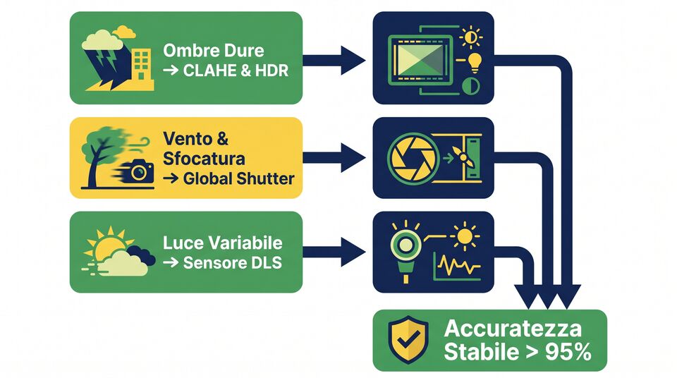 Rimedi per ombre dure, vento e luce variabile: CLAHE, HDR, global shutter e sensore DLS