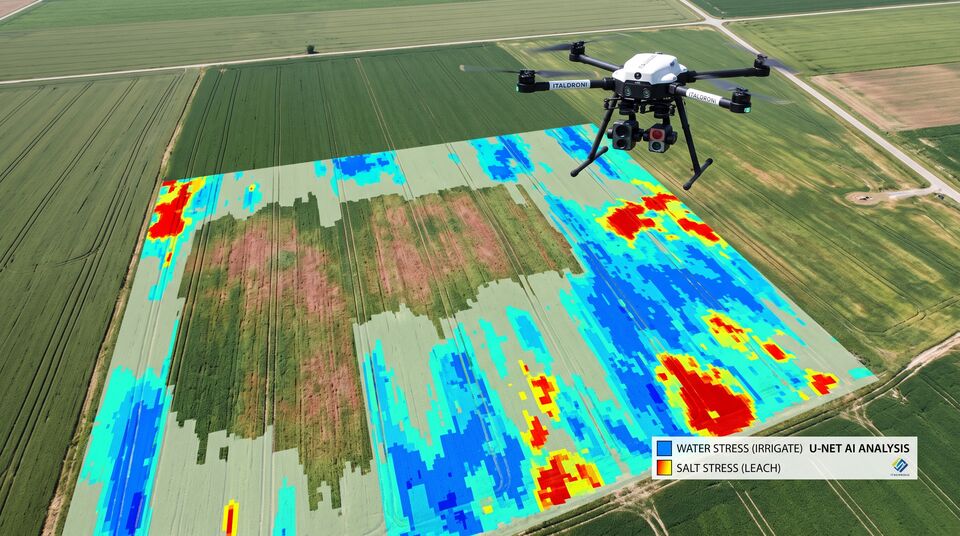 Drone ITALDRONI con mappa di segmentazione che distingue stress idrico e salino sul seminativo