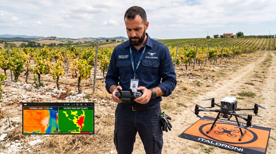 Pilota ITALDRONI in vigneto con termografia LWIR e mappa di rischio salinità U-Net a schermo