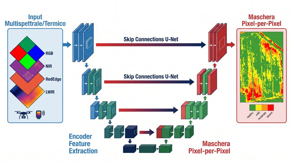 Architettura U-Net con skip connections per la segmentazione pixel-per-pixel dei dati multispettrali