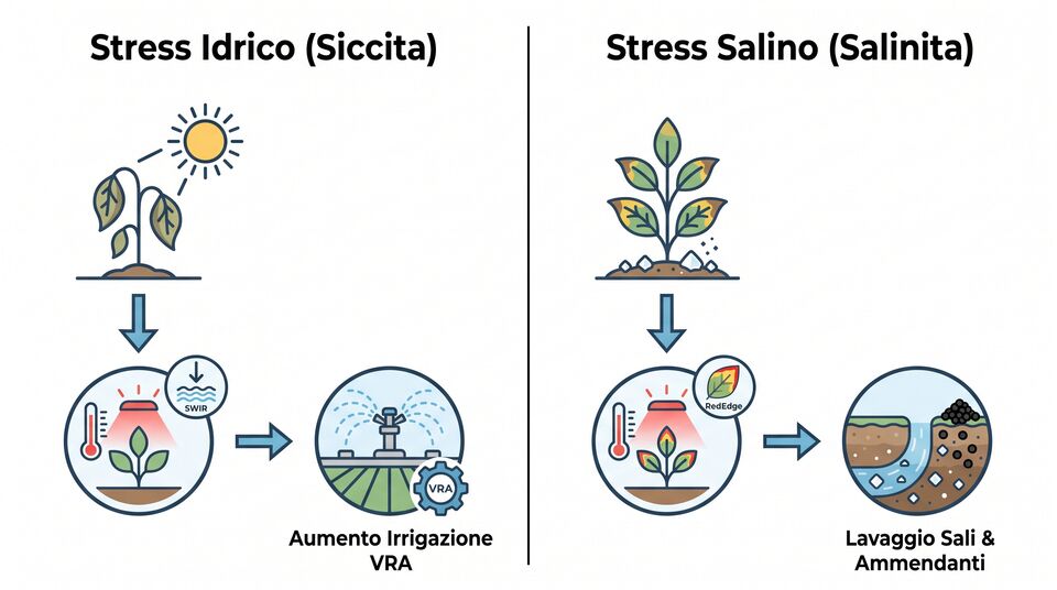 Stress idrico e stress salino a confronto: SWIR e red edge guidano irrigazione VRA e lavaggio sali
