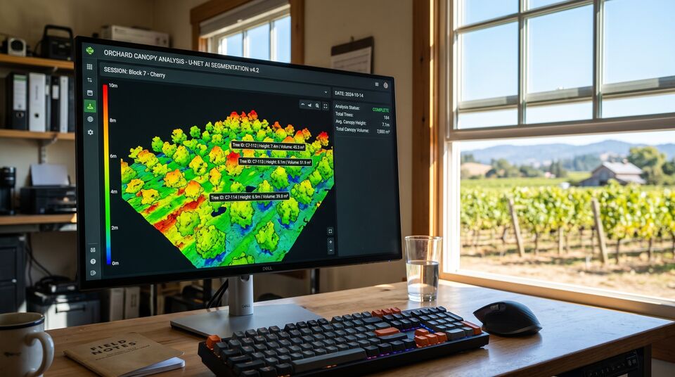Postazione di analisi con mappa 3D della chioma del ciliegio: altezza e volume per albero