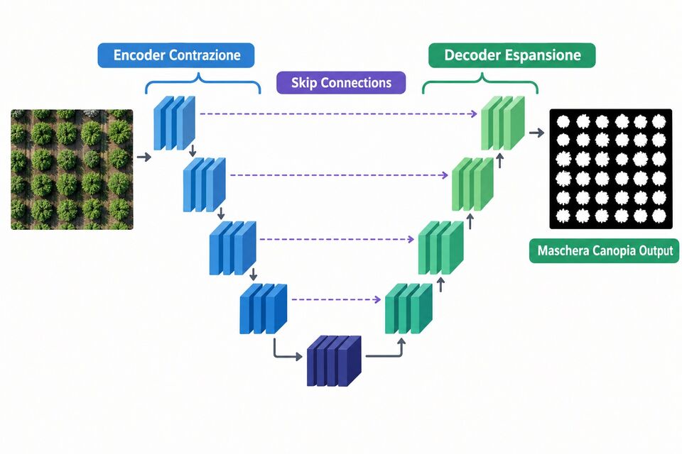 Schema U-Net con encoder in contrazione, skip connections e decoder fino alla maschera della chioma