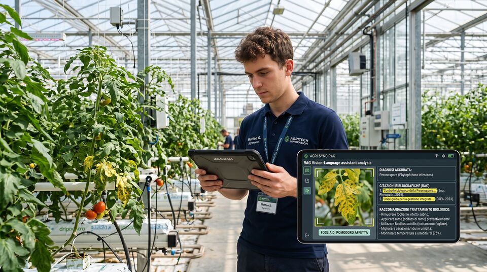 Agronomo in serra con assistente RAG vision-language che cita fonti per la diagnosi su pomodoro