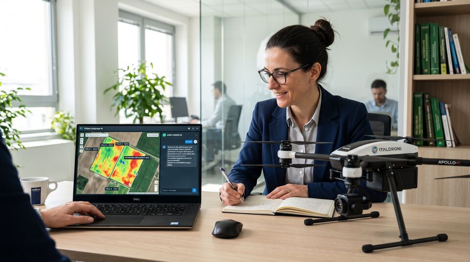 Consulente analizza su laptop la chat AGRI-VISION con carenze azotate rilevate dal drone
