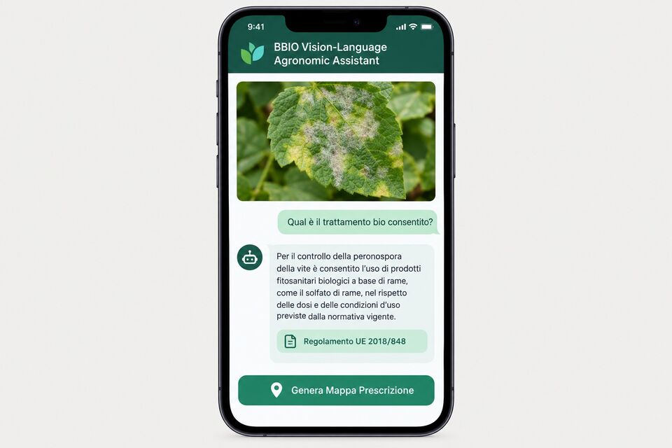Mockup dell'assistente agronomico BBIO che risponde sul trattamento bio della peronospora della vite