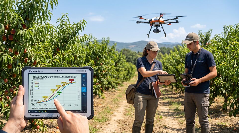 Timeline fenologica BBCH su Toughbook in pescheto con drone ITALDRONI in volo
