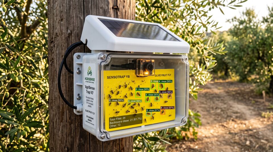 Trappola smart con pannello giallo e camera che conta la Bactrocera oleae nell'oliveto