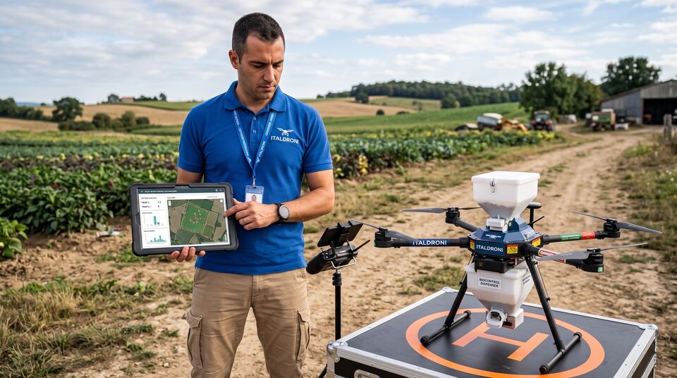 Pilota ITALDRONI con dashboard di monitoraggio parassiti e drone dispensatore di biocontrollo