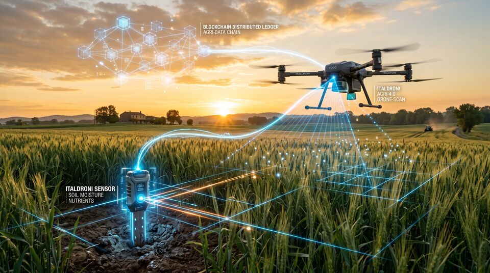 Sensore di umidità del suolo ITALDRONI e drone agri 4.0 collegati da dati su campo di grano
