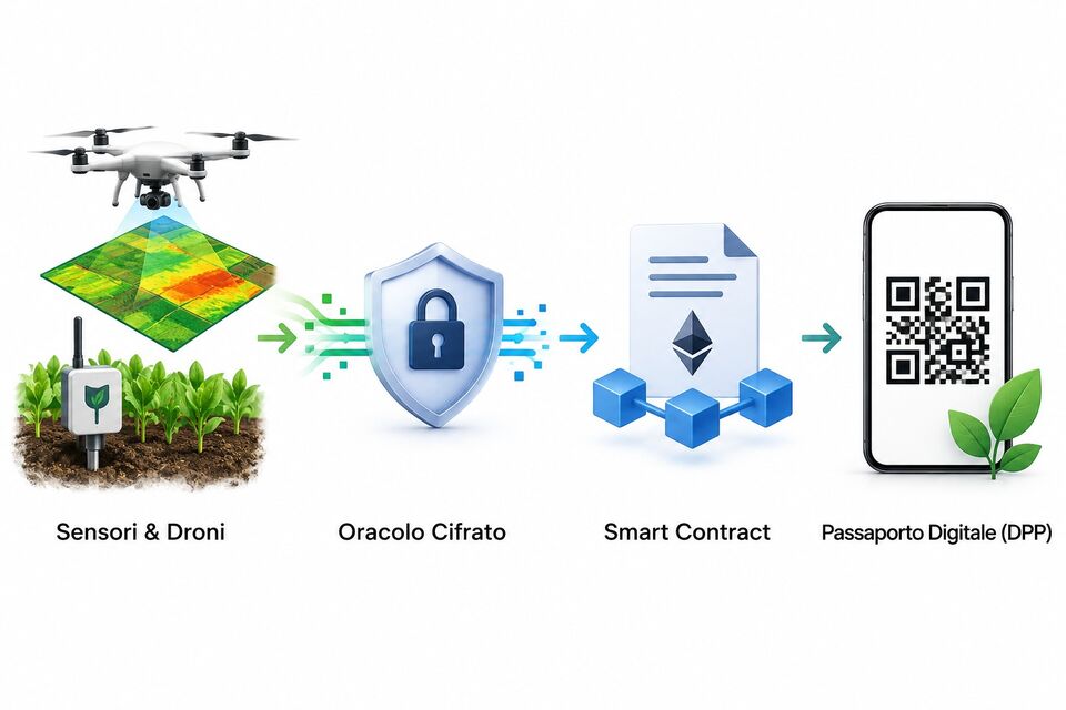 Dai sensori e droni all'oracolo cifrato, smart contract e passaporto digitale del prodotto