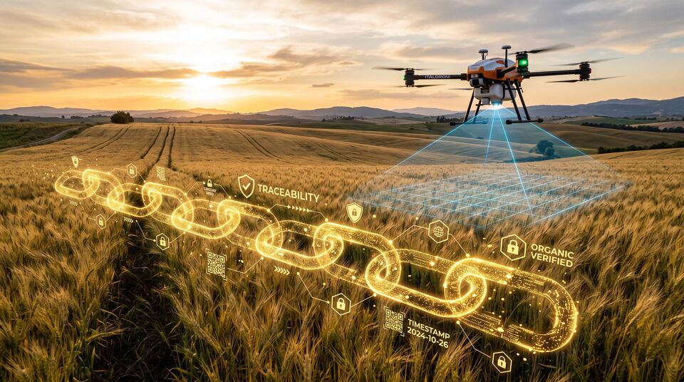 Catena di blocchi olografica su grano con drone ITALDRONI per la tracciabilità bio del raccolto