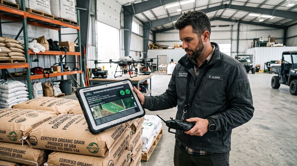 Operatore con tablet di notarizzazione blockchain su sacchi di grano bio certificato in magazzino