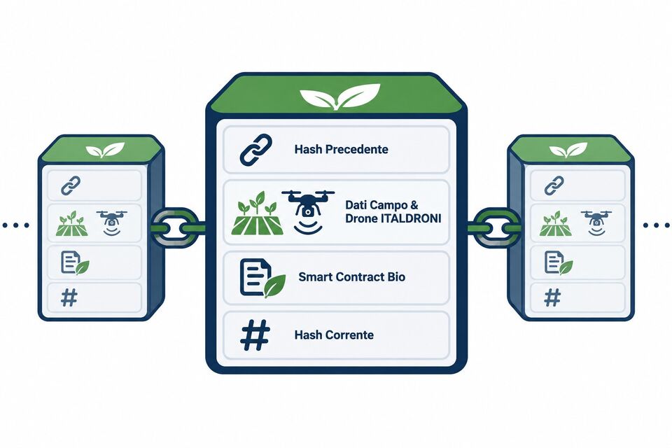 Schema blockchain per la tracciabilita bio: blocchi con hash, dati di campo da drone e smart contract