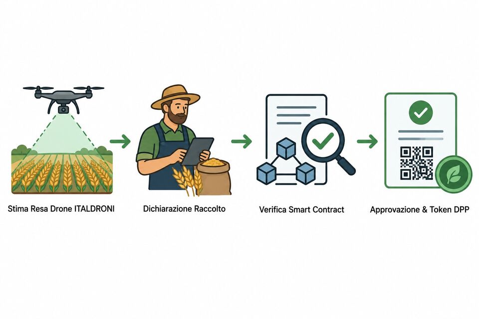 Workflow blockchain per la filiera bio: stima resa con drone, dichiarazione di raccolto e token DPP