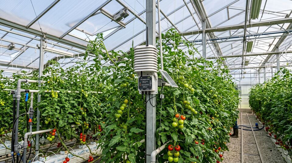Sensore IoT con schermo radiante e pannello solare in serra di pomodori per il monitoraggio microclimatico