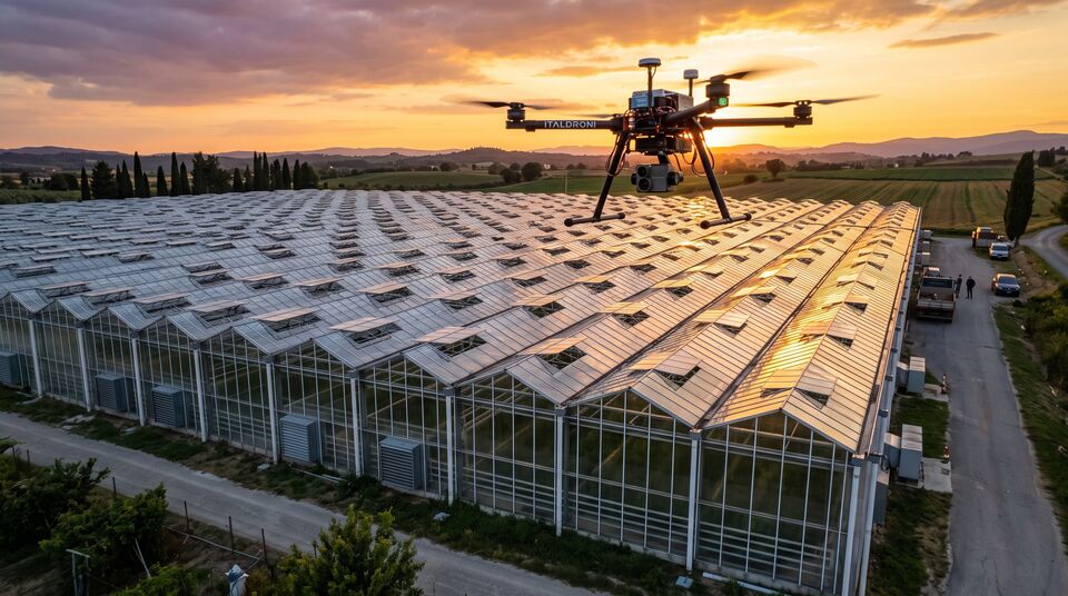 Drone agricolo ITALDRONI in volo al tramonto su un complesso di serre biologiche per il rilievo microclimatico