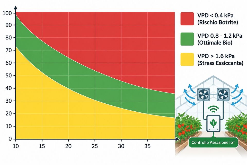 Grafico VPD in serra: zona di rischio botrite, range ottimale bio e stress essiccante con aerazione IoT