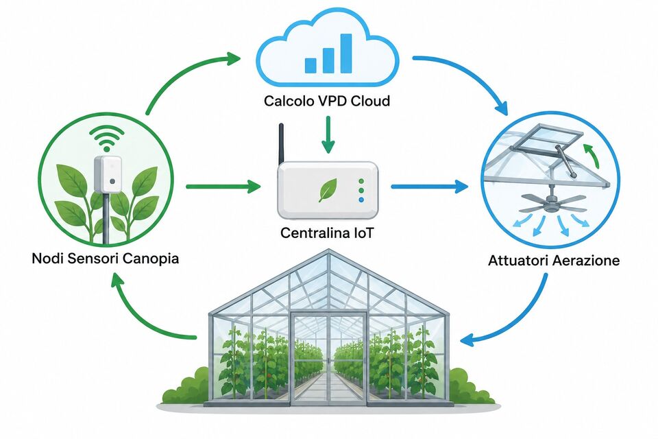 Ciclo di automazione in serra: nodi sensori canopia, centralina IoT, calcolo VPD cloud e attuatori aerazione