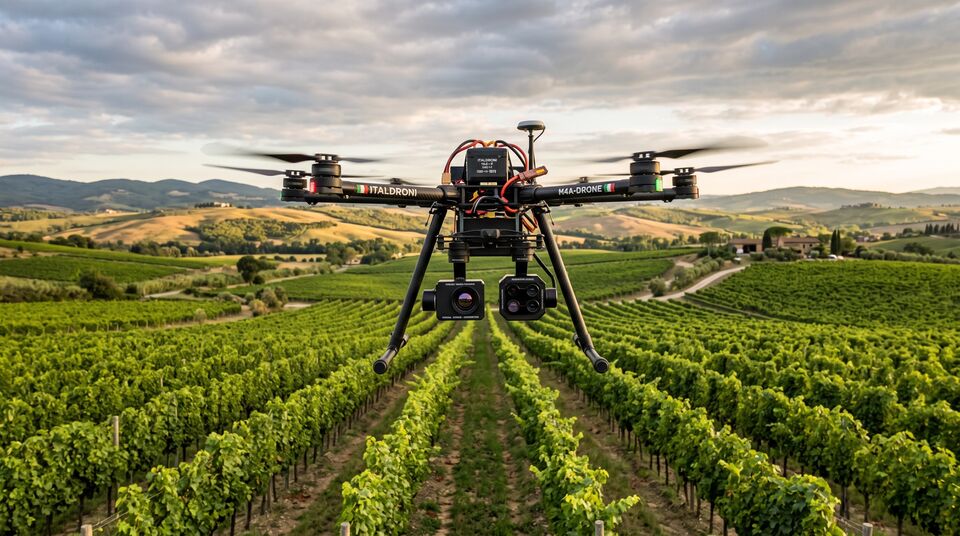 Drone esamrotore con camera multispettrale su vigneto per monitorare umidita e stato idrico del suolo