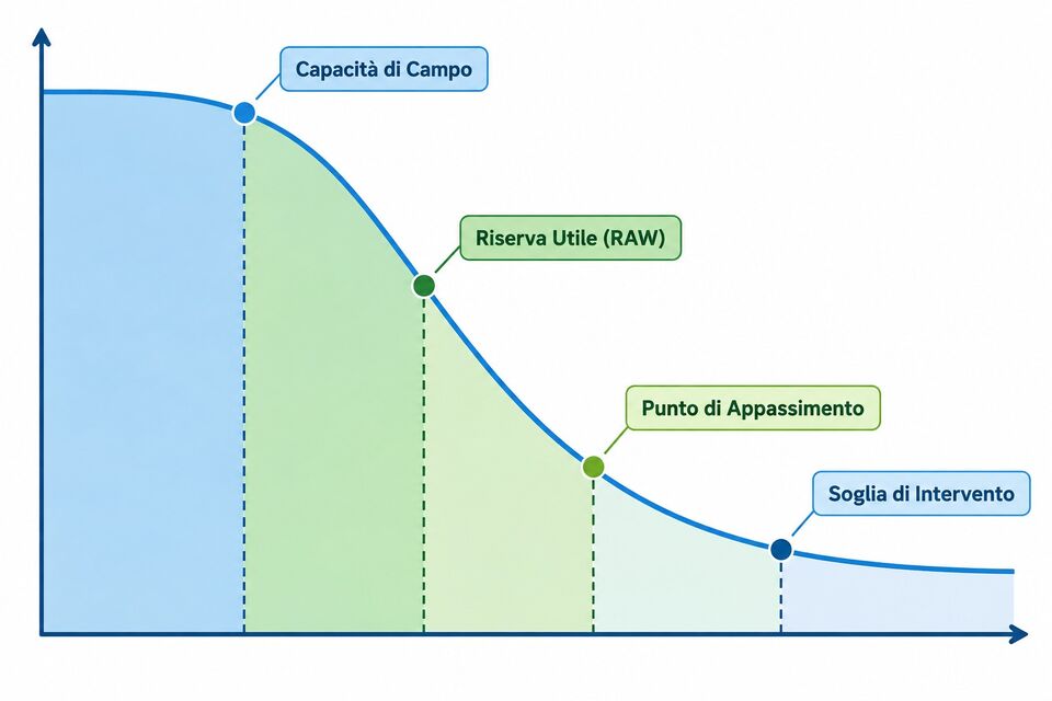 Curva idrica del suolo con capacita di campo, riserva utile, punto di appassimento e soglia di intervento